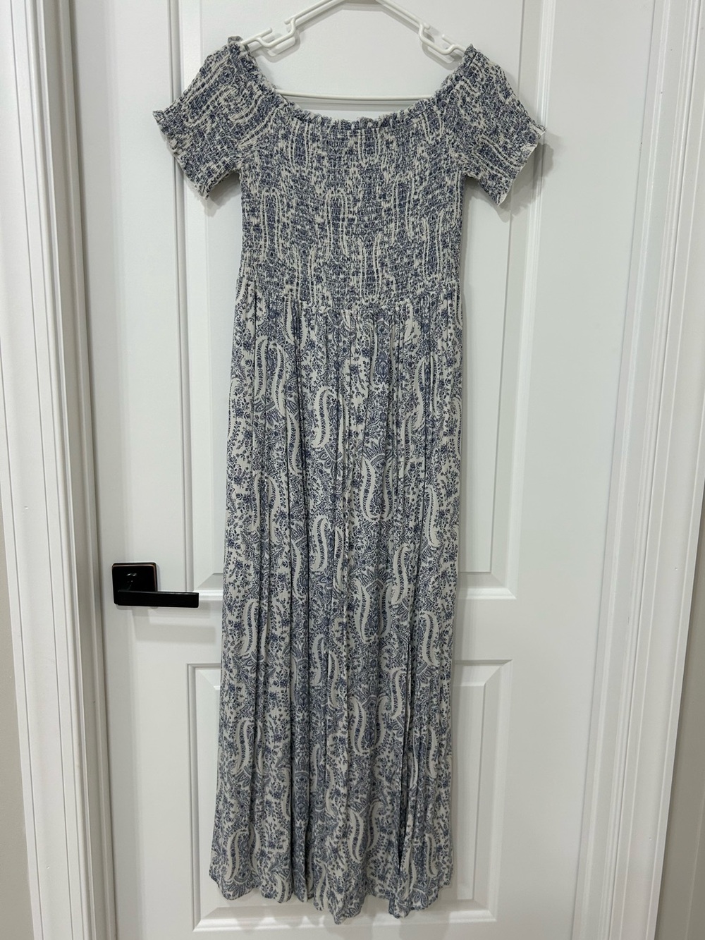Blue and White Paisley Smocked Off-Shoulder Maxi Dress